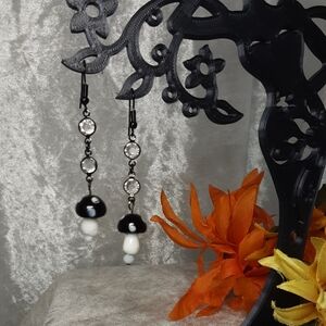 Handmade Mushroom Earrings Lampworks Beads And Crystal Black White